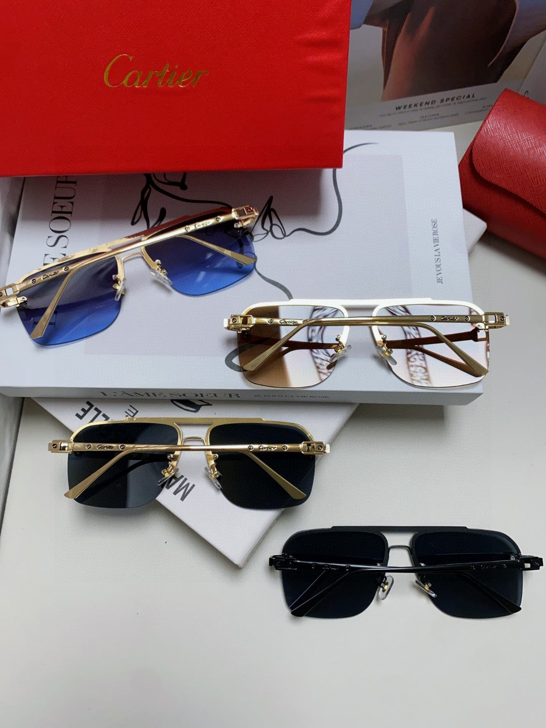 Cartier Lightweight Rimless Blue Lens Sunglasses for Men & Women - 449445 - detail image 8
