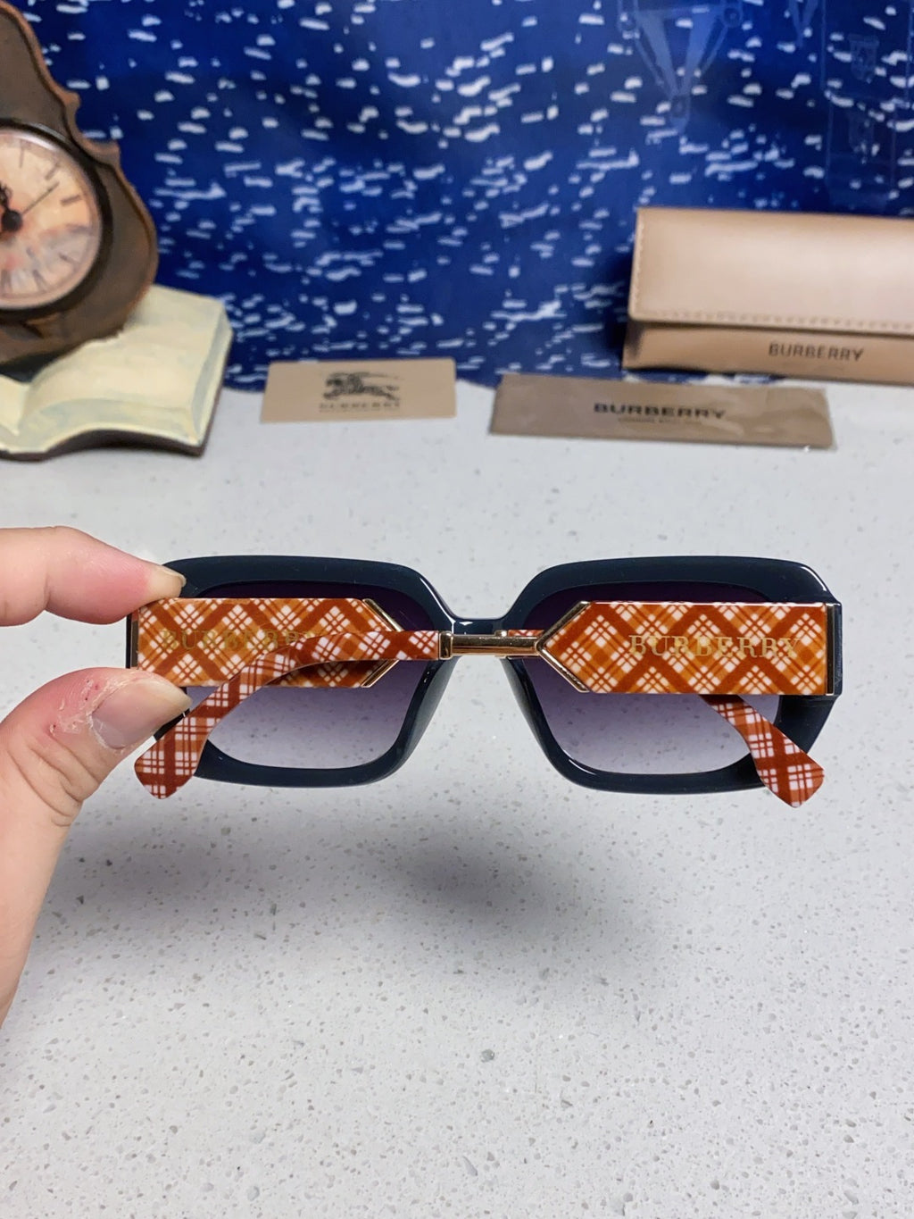 Burberry Rectangular Blue Lens Sunglasses for Men & Women - detail image 5
