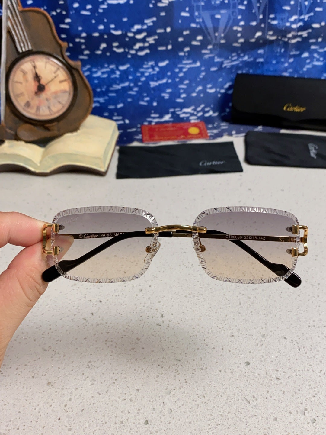 Cartier Metal Square Blue Lens Sunglasses for Men & Women - 998234 - detail image 4
