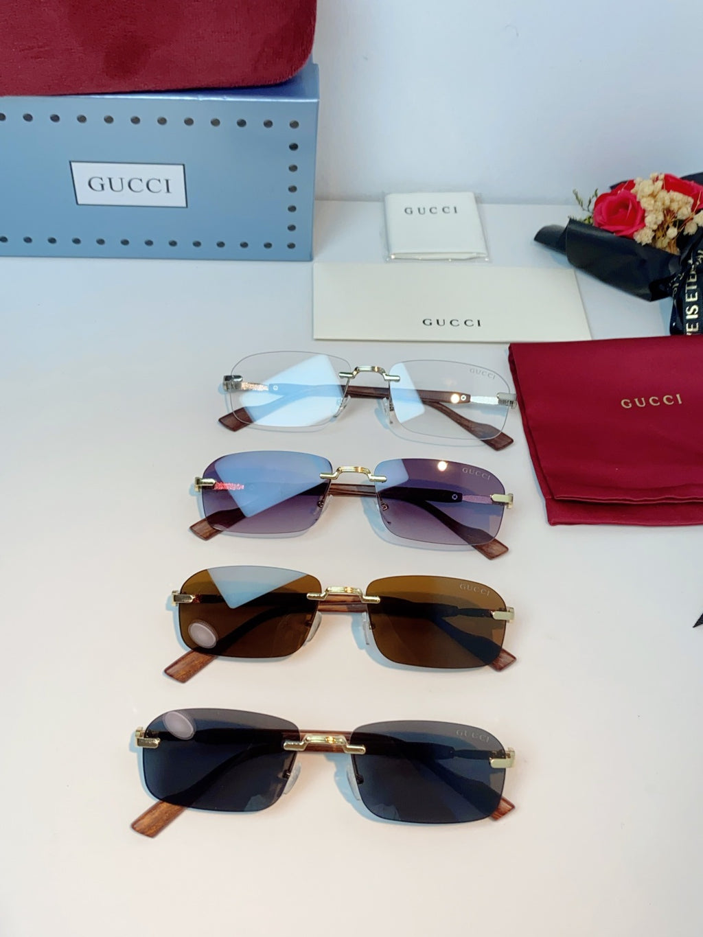 Gucci Lightweight Metal Rimless Red Lens Sunglasses for Men & Women - detail image 13