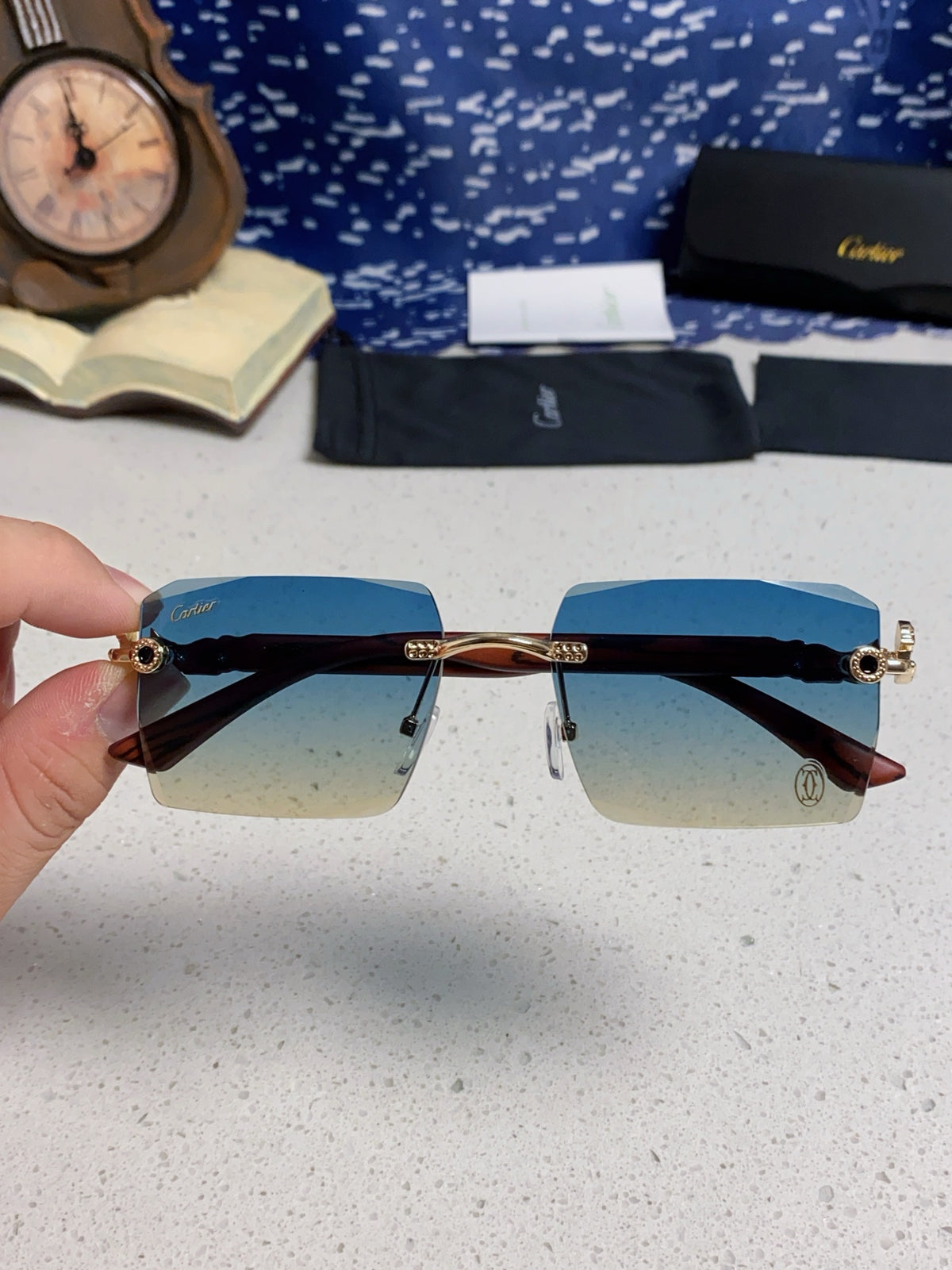 Cartier Lightweight Rimless Blue Lens Sunglasses for Men & Women - 998239 - detail image 4