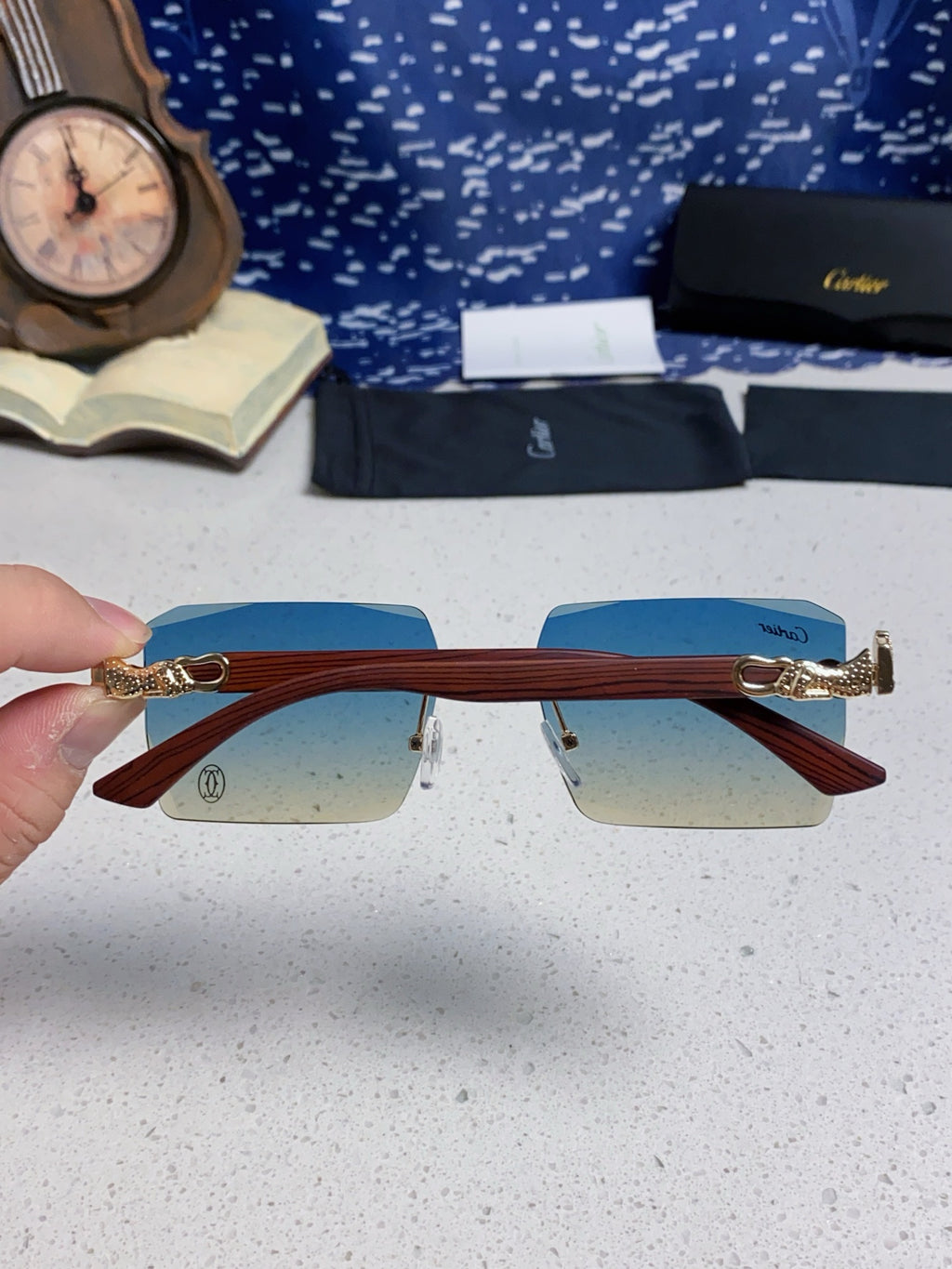 Cartier Lightweight Rimless Blue Lens Sunglasses for Men & Women - 998239 - detail image 5